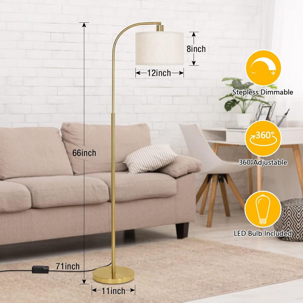 Boncoo LED Floor Lamp Fully Dimmable Modern Standing Lamp Arc Floor Lamp with Adjustable Drum Shade, Golden Tall Pole Reading Lamp Cor