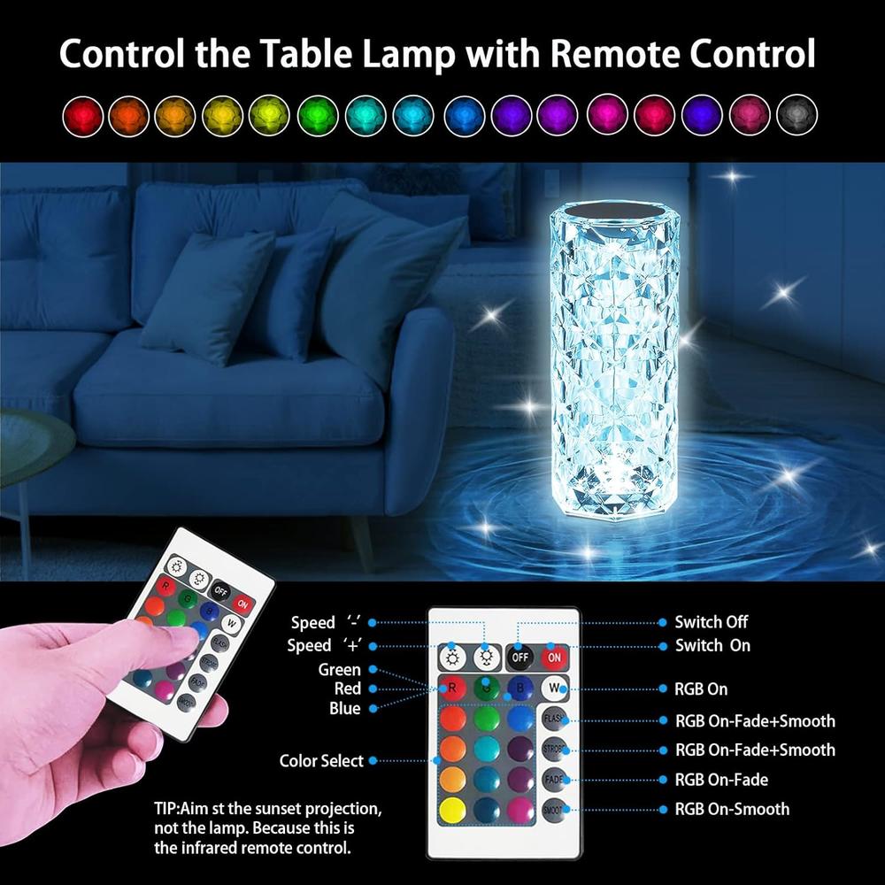 Xubialo Crystal Lamp,6 Way dimmable Crystal Table lamp with 16 RGB Color,Remote Control,Rechargeable Table Lamp with USB Charging Port,