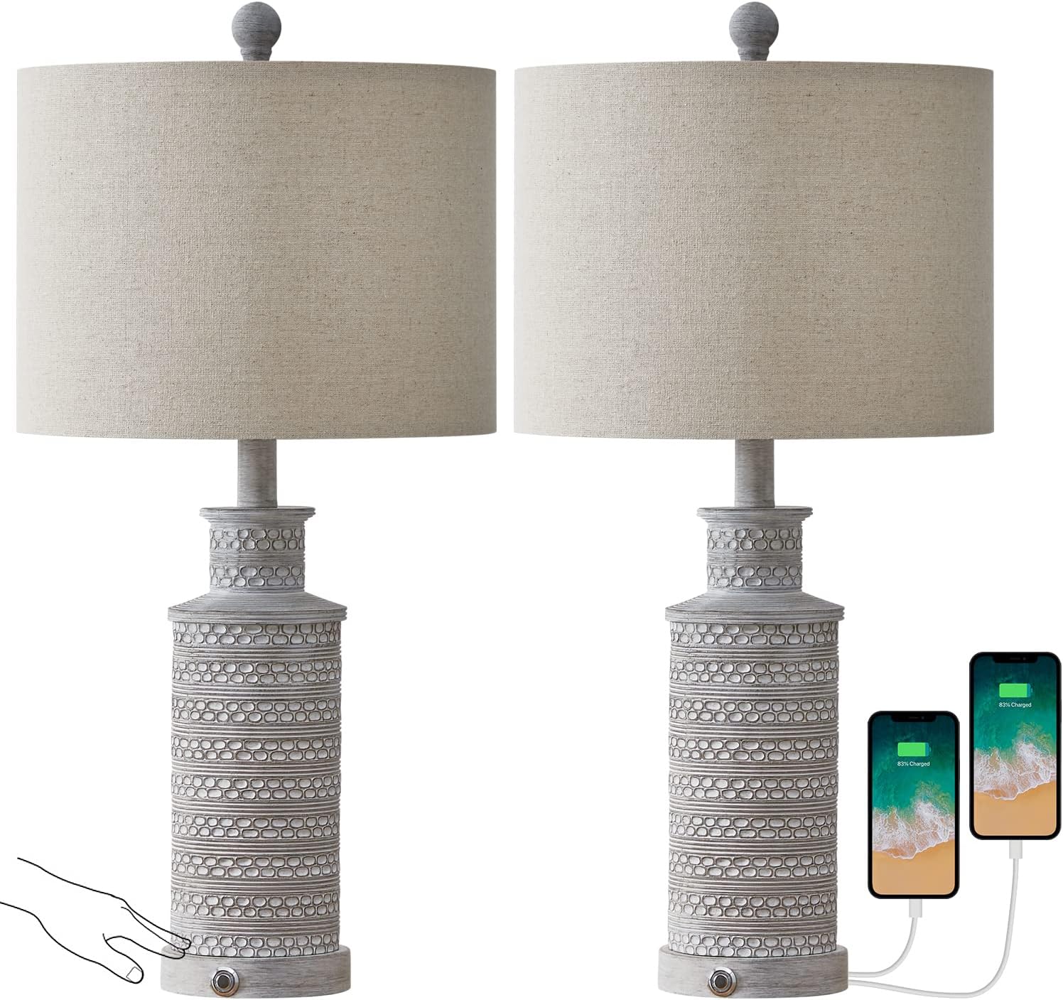 BOBOMOMO 3-Way Dimmable Touch Control Table Lamp Set of 2 with Dual USB Charging Ports for Bedroom Living Room Vintage Rustic Farmhouse