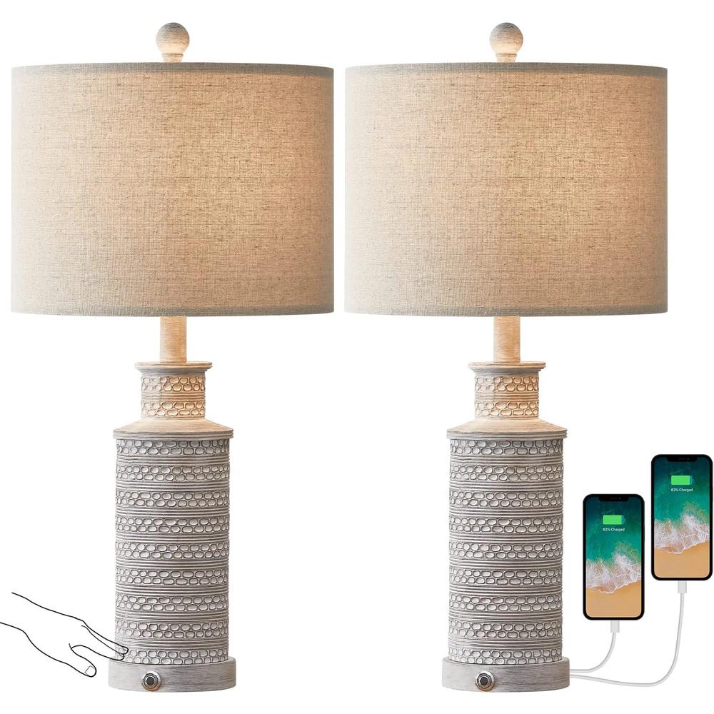 BOBOMOMO 3-Way Dimmable Touch Control Table Lamp Set of 2 with Dual USB Charging Ports for Bedroom Living Room Vintage Rustic Farmhouse