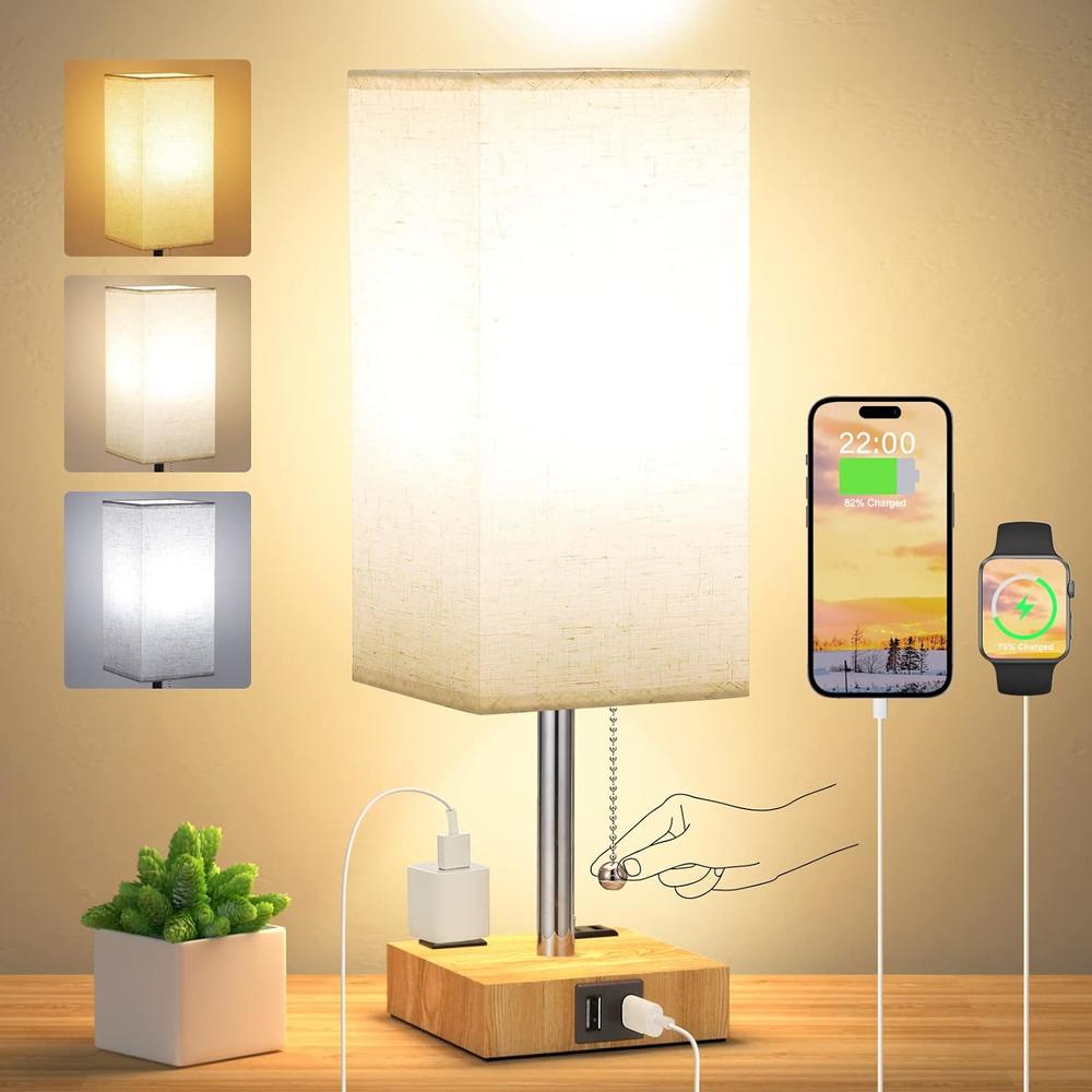 Seealle Bedside Lamp with 3 Color Modes - Table Lamp for Bedroom with USB C+A Charging Ports, 2700K-5000K Nightstand Lamp with USB Port