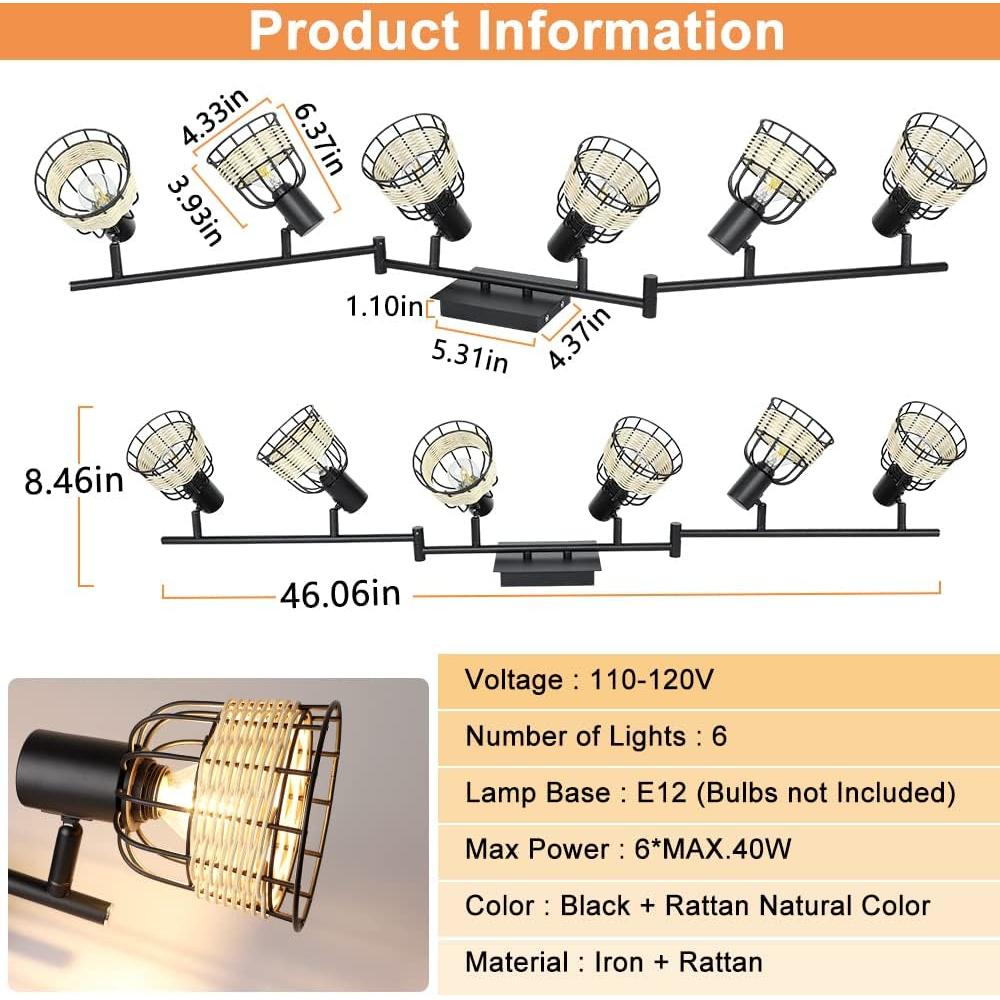 Depuley Vintage Track Ceiling Spotlight, 6-Head Bamboo LED Track Lighting Kit, Industrial Track Lamp, Rattan Caged Wall Light Fixture f