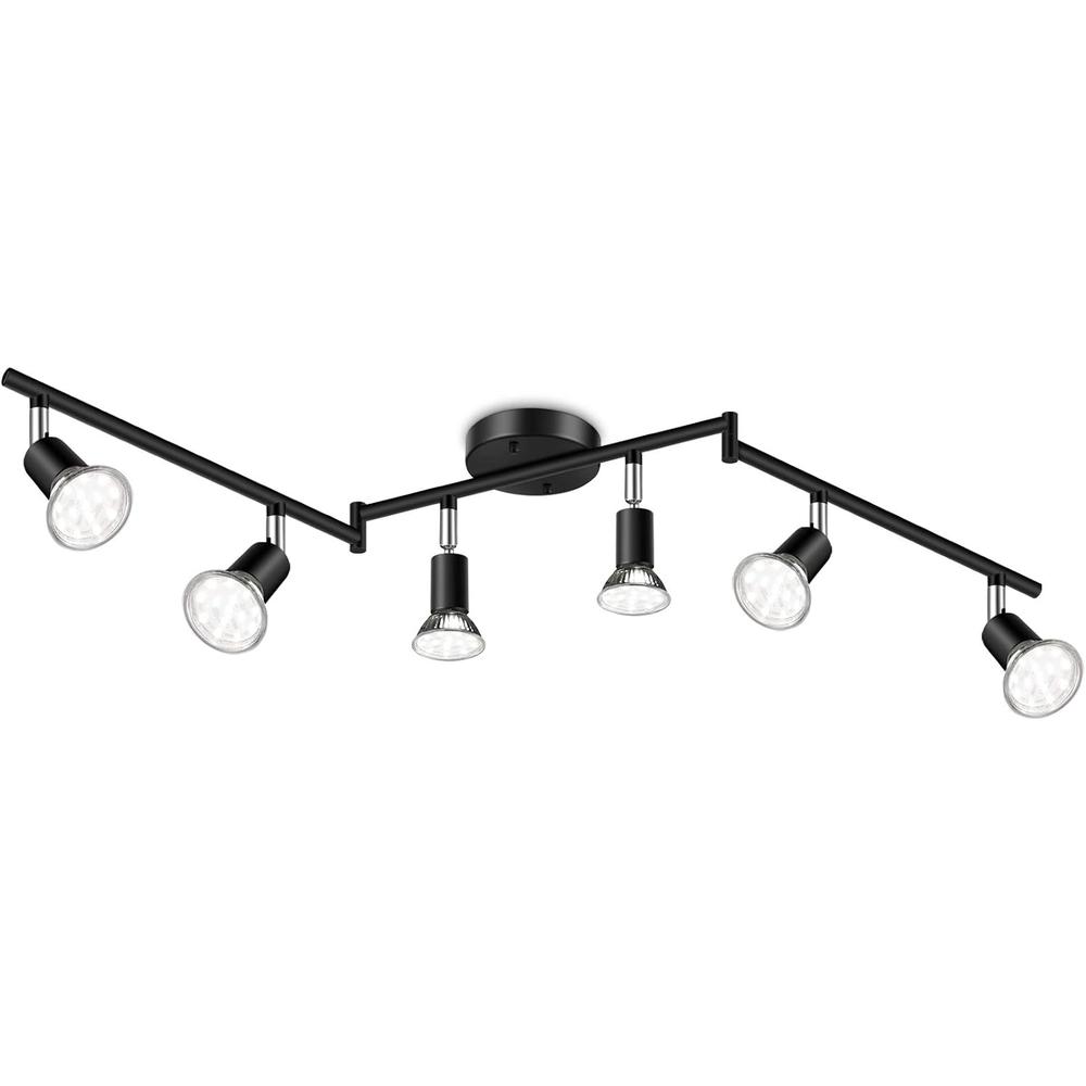 Ascher 6-Light LED Track Lighting Kit, Flexibly Rotatable Light Heads, 6 Way Ceiling Spotlight Black Finish, Including 6 GU10 LED Bulb