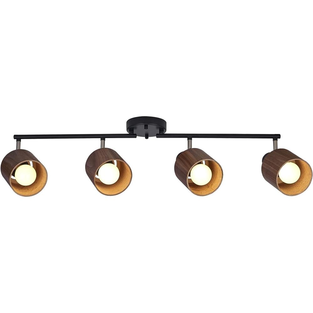 Generic TeHenoo Wooden Track Lighting Fixture, 4-Lights Adjustable Track Spots,Black Ceiling Light Track Light kit for Living Room, Kit