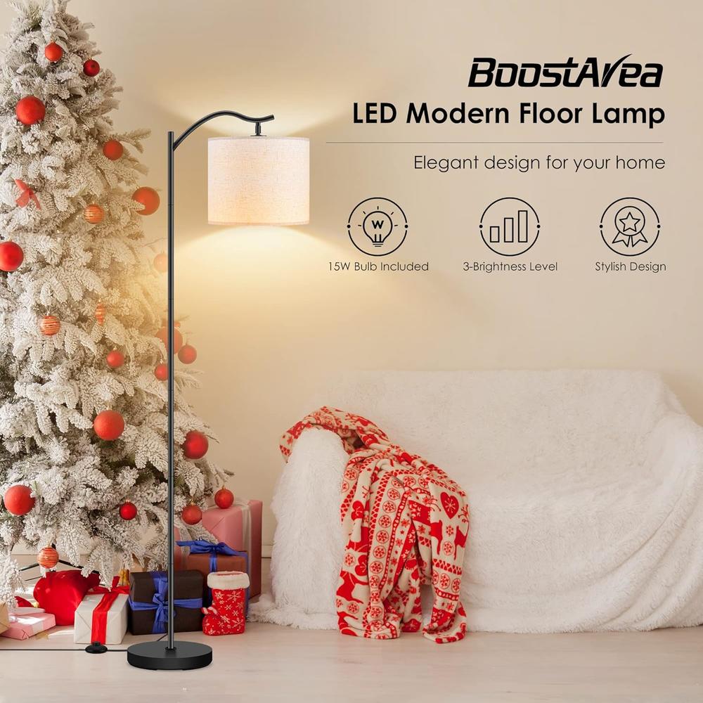 BoostArea Floor Lamp for Living Room,15W LED Arched Floor Lamp,Tall Modern Standing Lamp with Linen Shade,3 Brightness Levels,E26 Socket,