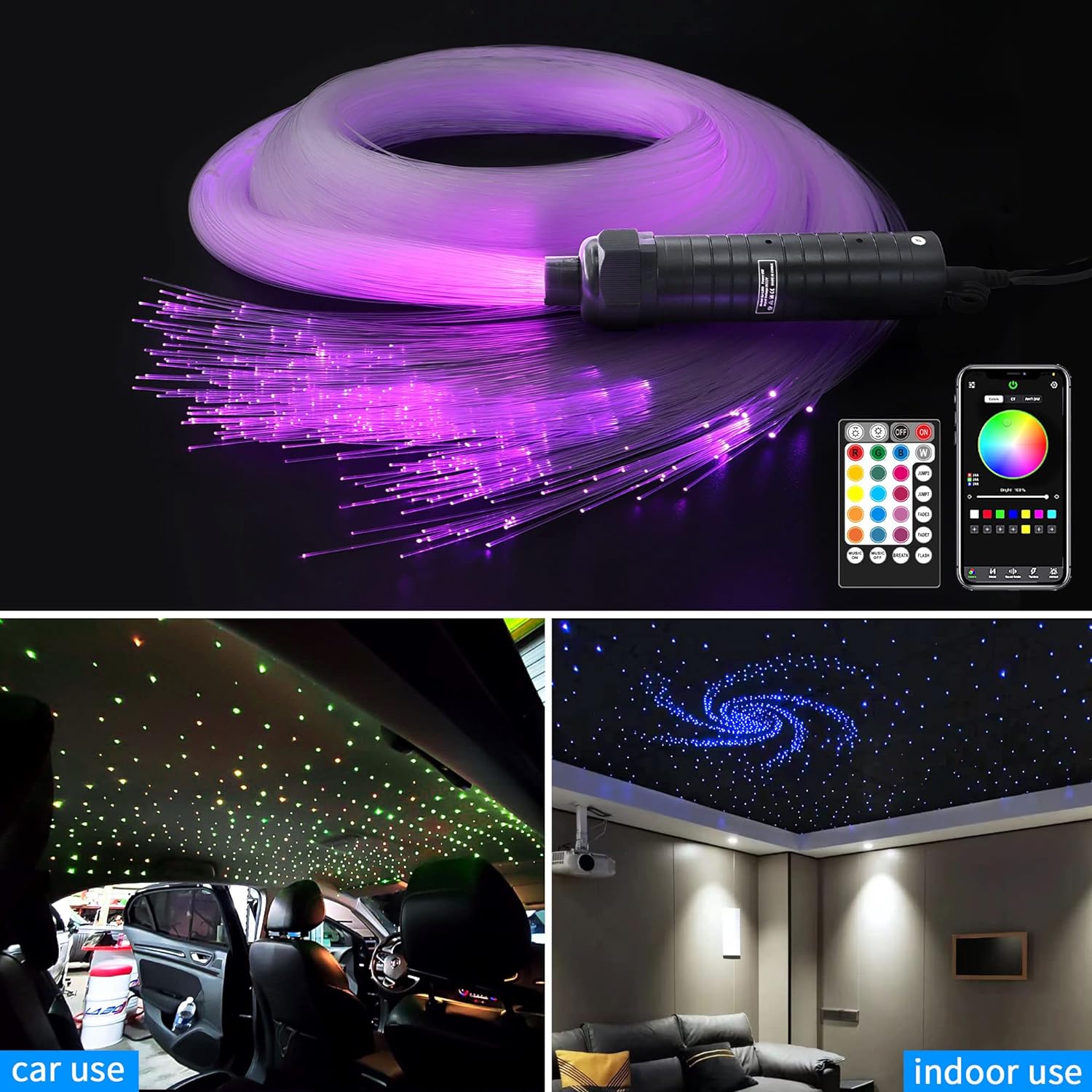 ATOKEE Fiber Optic Lights, 6W Starlight Headliner Kit for Car Interior Roof, 300pcs*0.03in*9.8ft Star Lights for Car with APP Control