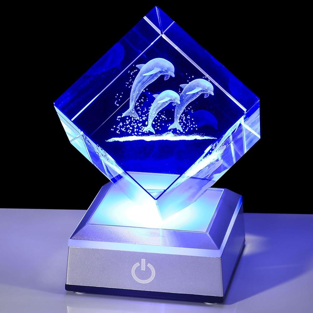 YWHL Crystal Dolphin Gifts for Women Men, 3D Laser Etched Dolphin Figurine with Colorful Light Base, Dolphin Nightlight Decor Gifts