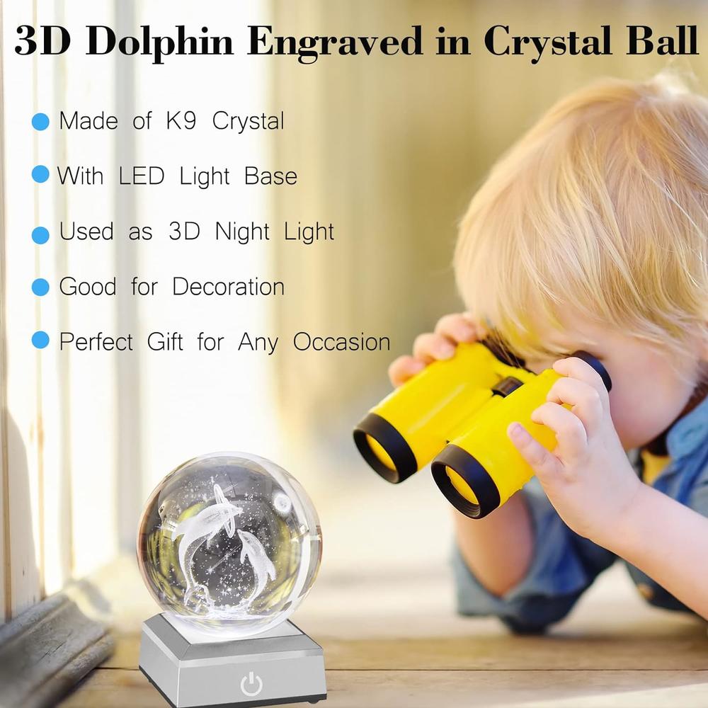 Erwei 3D Dolphin Crystal Ball with LED Light Base Idea Dolphin Gifts for Mom Glass Dolphin Figurine Gift Unique Nightlight for Kids H