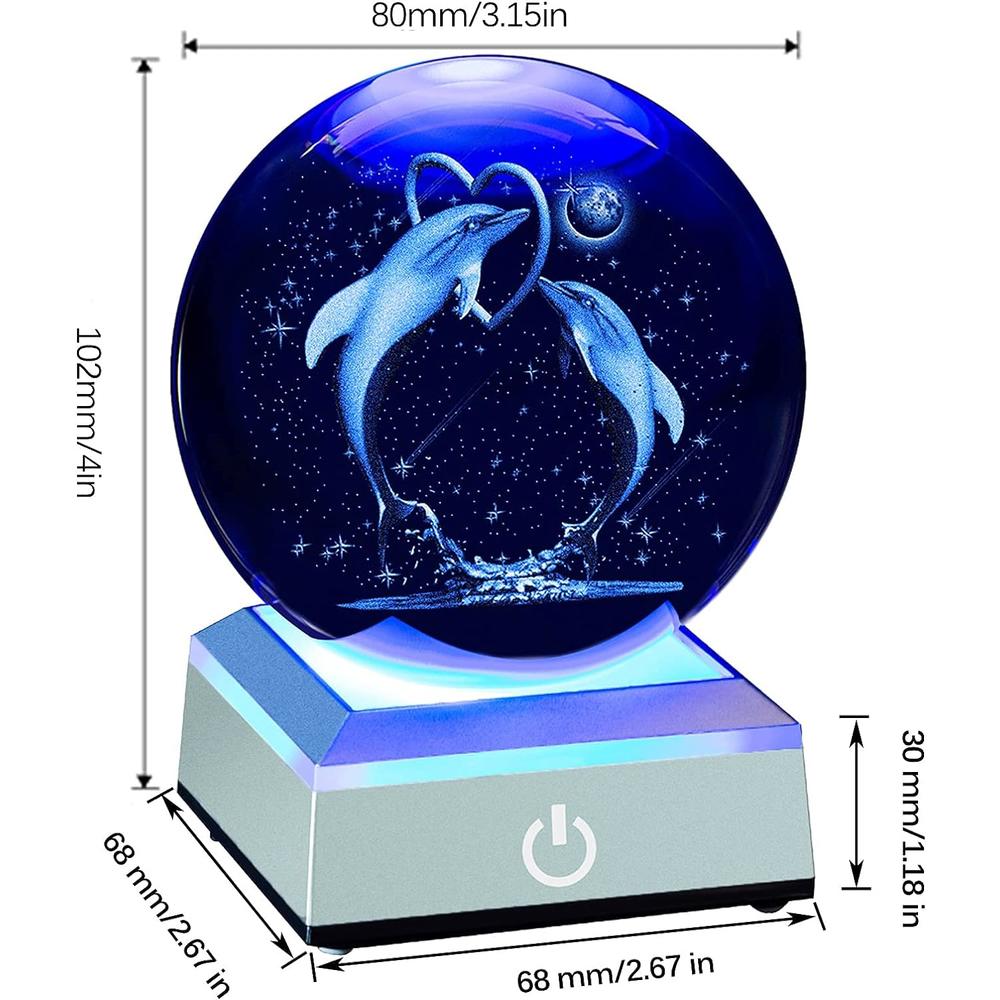 Erwei 3D Dolphin Crystal Ball with LED Light Base Idea Dolphin Gifts for Mom Glass Dolphin Figurine Gift Unique Nightlight for Kids H
