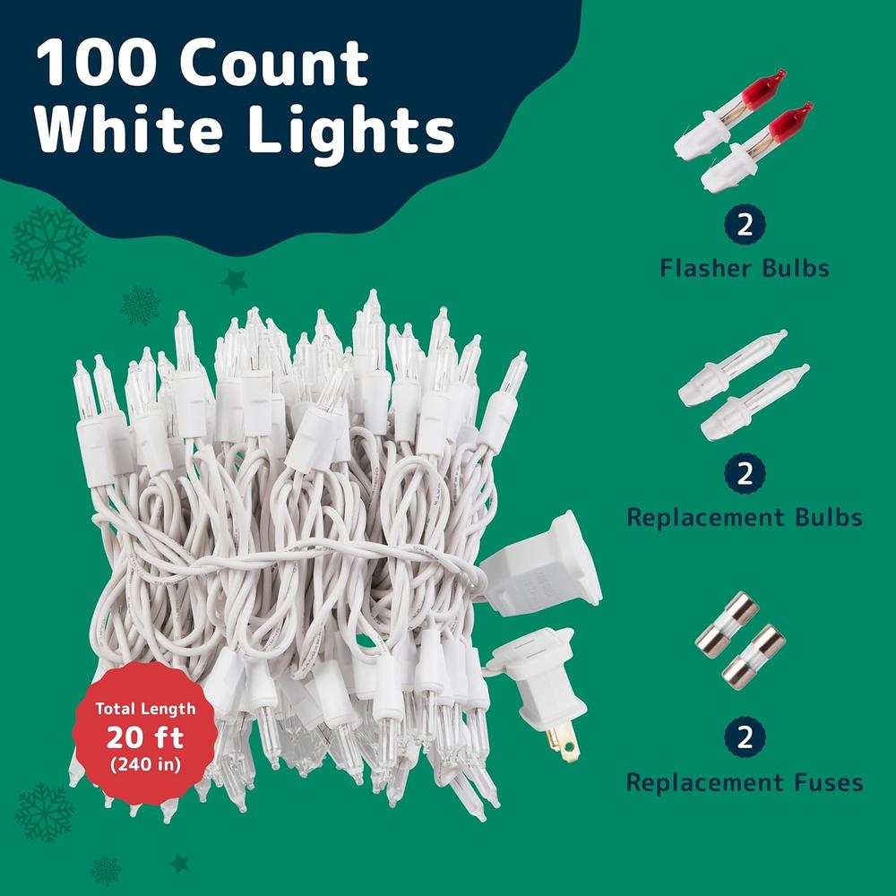 Prextex Christmas Lights (20 Feet, 100 Lights) - Clear White Christmas Tree Lights with White Wire - Indoor/Outdoor Waterproof