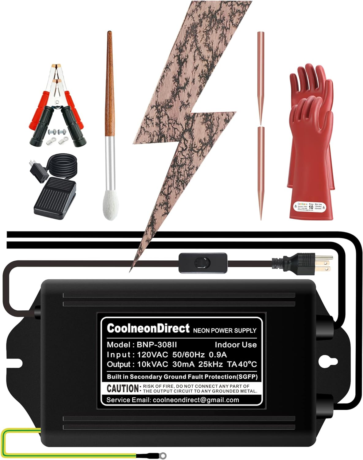 Coolneon Lichtenberg Machine Kit,Neon Sign Transformer+Rods+Clamps+Brush+Gloves+Foot Switch,Fractal Wood Burning Machine Set,Not Led Neo