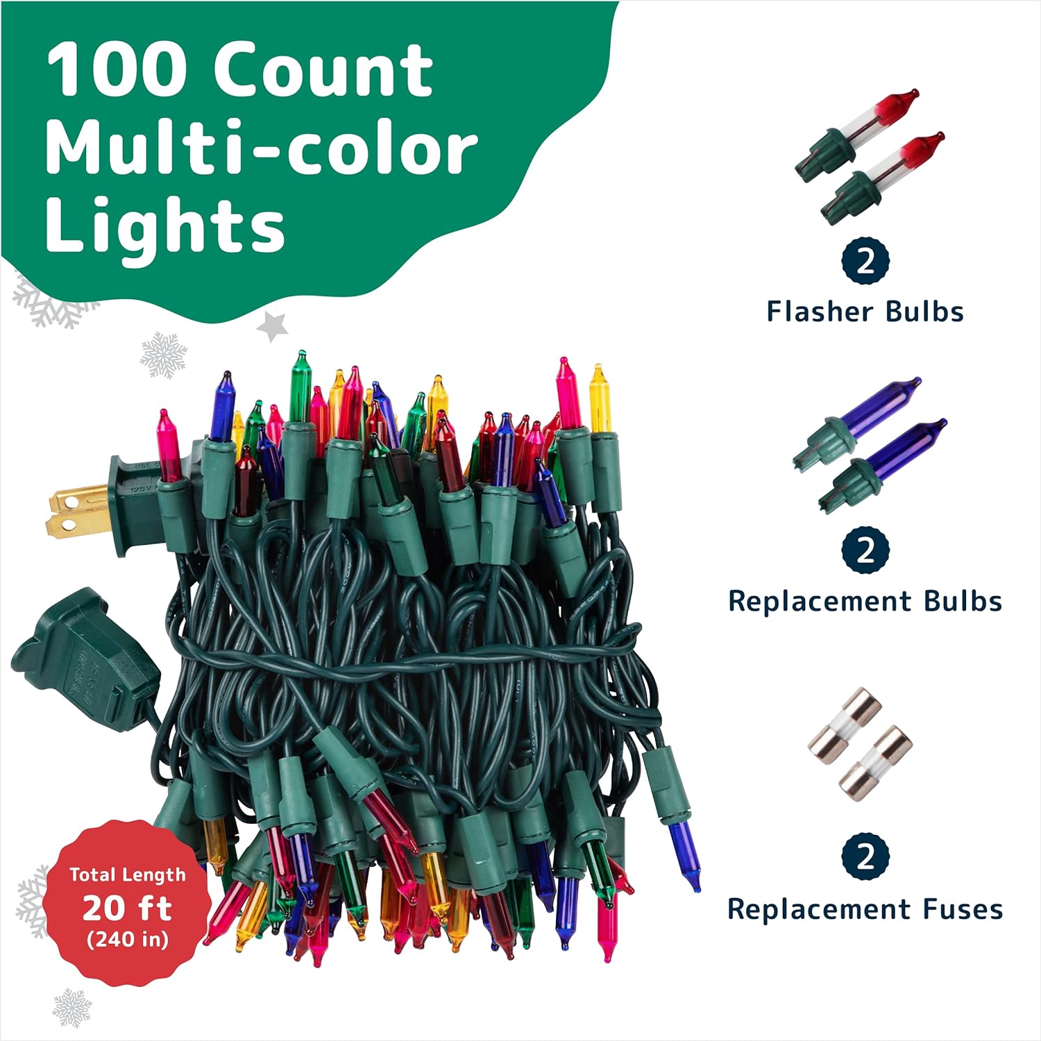 Prextex 100-Count Multi Color Green Wire 20 Foot Total Christmas Lights Set Outdoor Indoor Colored Twinkle Xmas Tree Lights for