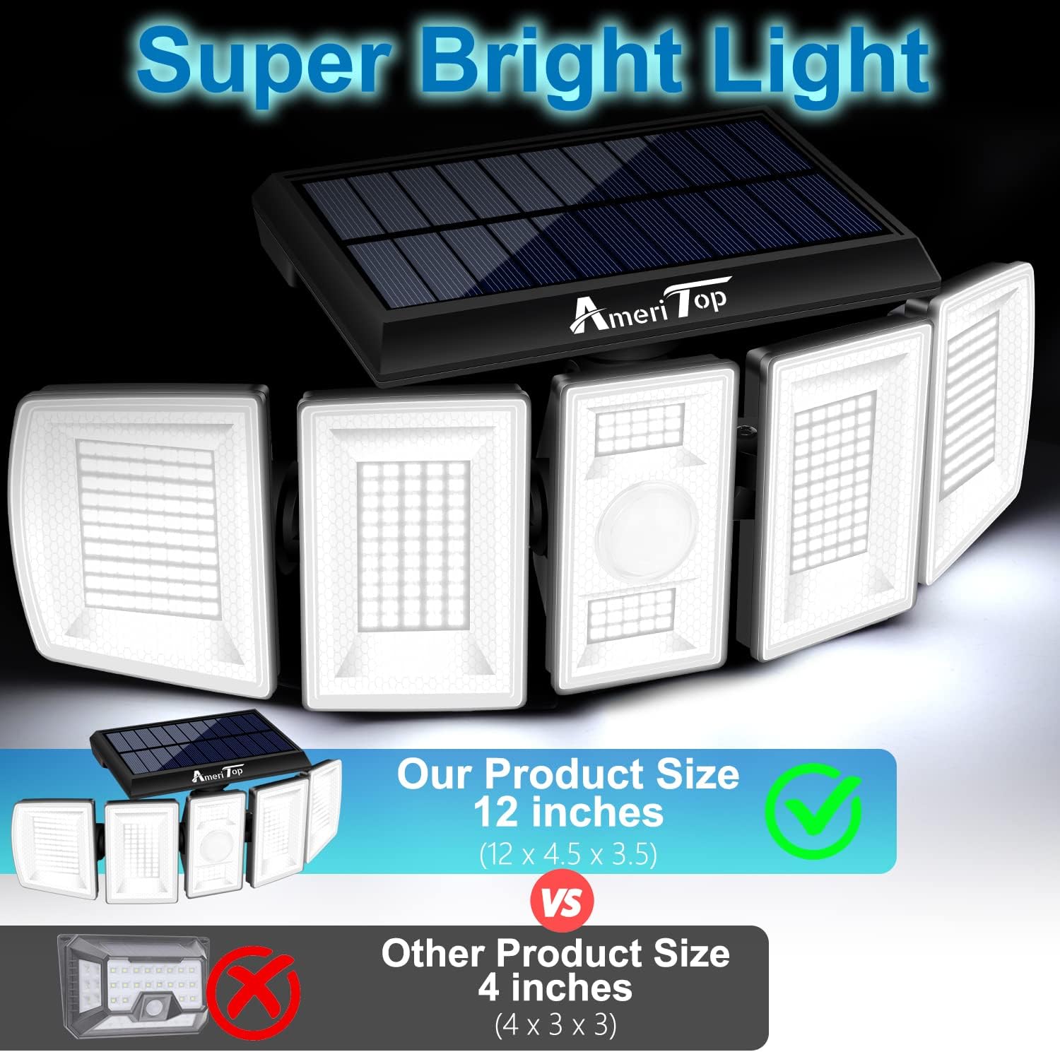 AmeriTop Solar Lights Outdoor &#226;&#128;&#147;  300 LED 7000K Motion Sensor Lights Cordless; 5 Adjustable Heads, 360&#