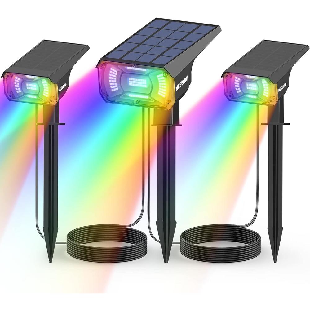 NESENNI 100LED Color Solar Spot Lights Outdoor with 3.5W Solar Panel On Tops, Powers 2PCS 40LED Non-Solar Spotlights Color Changing, 9