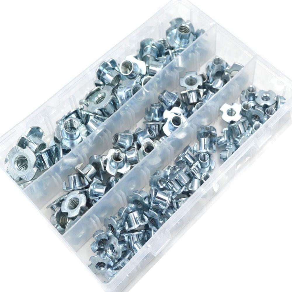 Socell T Nuts 1/4"-20,5/16"-18, 3/8"-16, 110pcs Zinc Plated Steel T-Nut 4 Pronged Tee Blind Nuts Assortment Kit for Woo