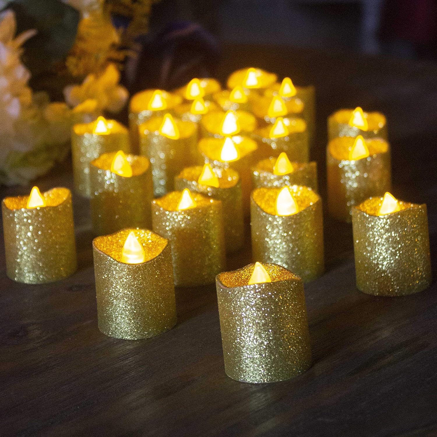 LOGUIDE Gold Flameless Votive Candles,24 Pack Battery Operated Gold Glitter Flickering Fake LED Tea Lights for Wedding Centerpieces,Tab