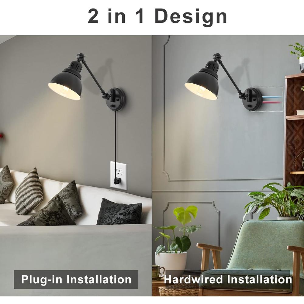 ENCOMLI Plug in Wall Sconces,  Wall Sconce Lighting with Dimmable On Off Switch, Swing Arm Wall Lamp, Black Metal Industrial Wall Light