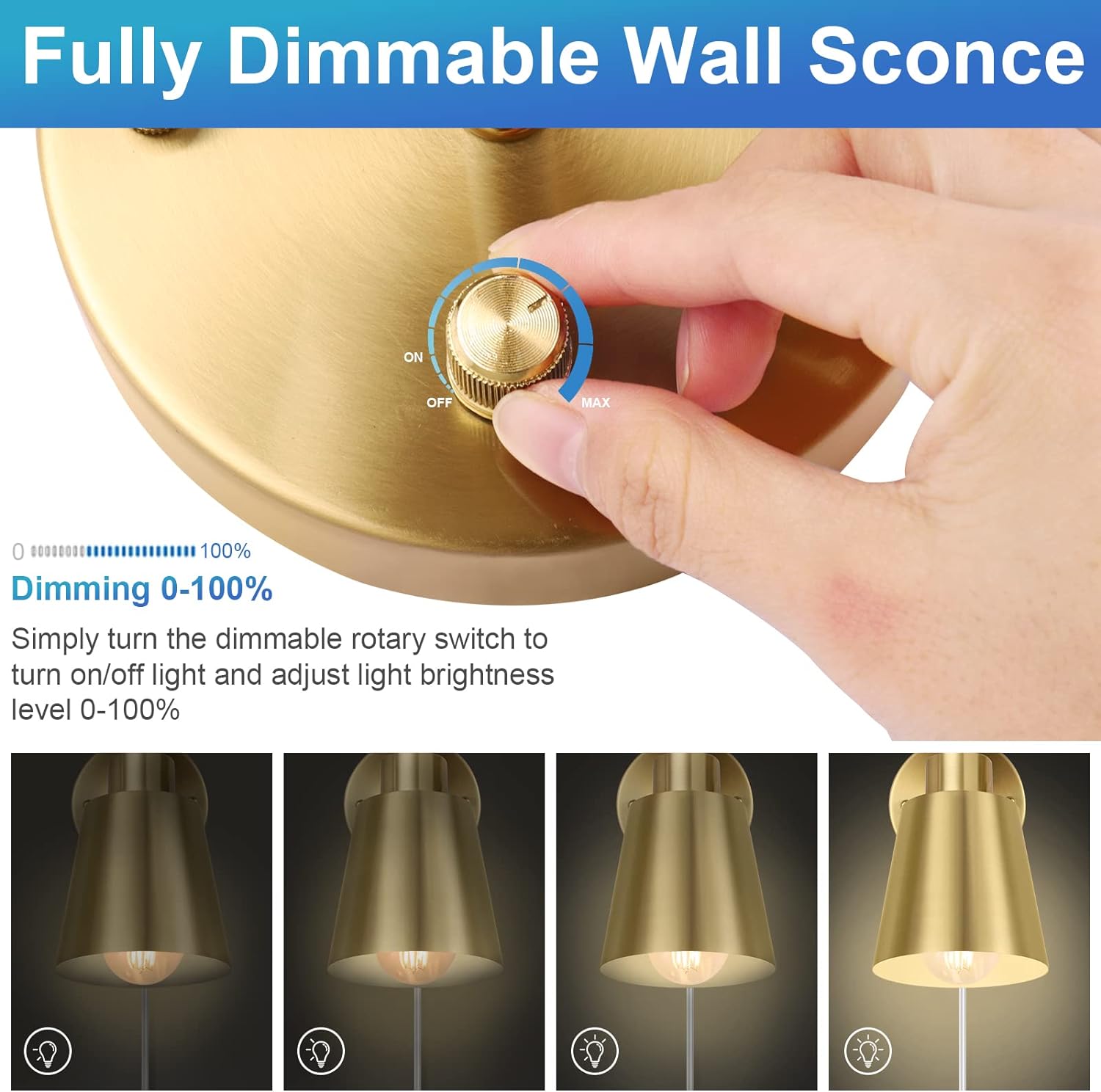 VATONI Plug in Wall Sconce, Dimmable Wall Sconces Adjustable Angle Wall Lights with Plug in Cord and Dimmer On/Off Rotary Switch, Gold