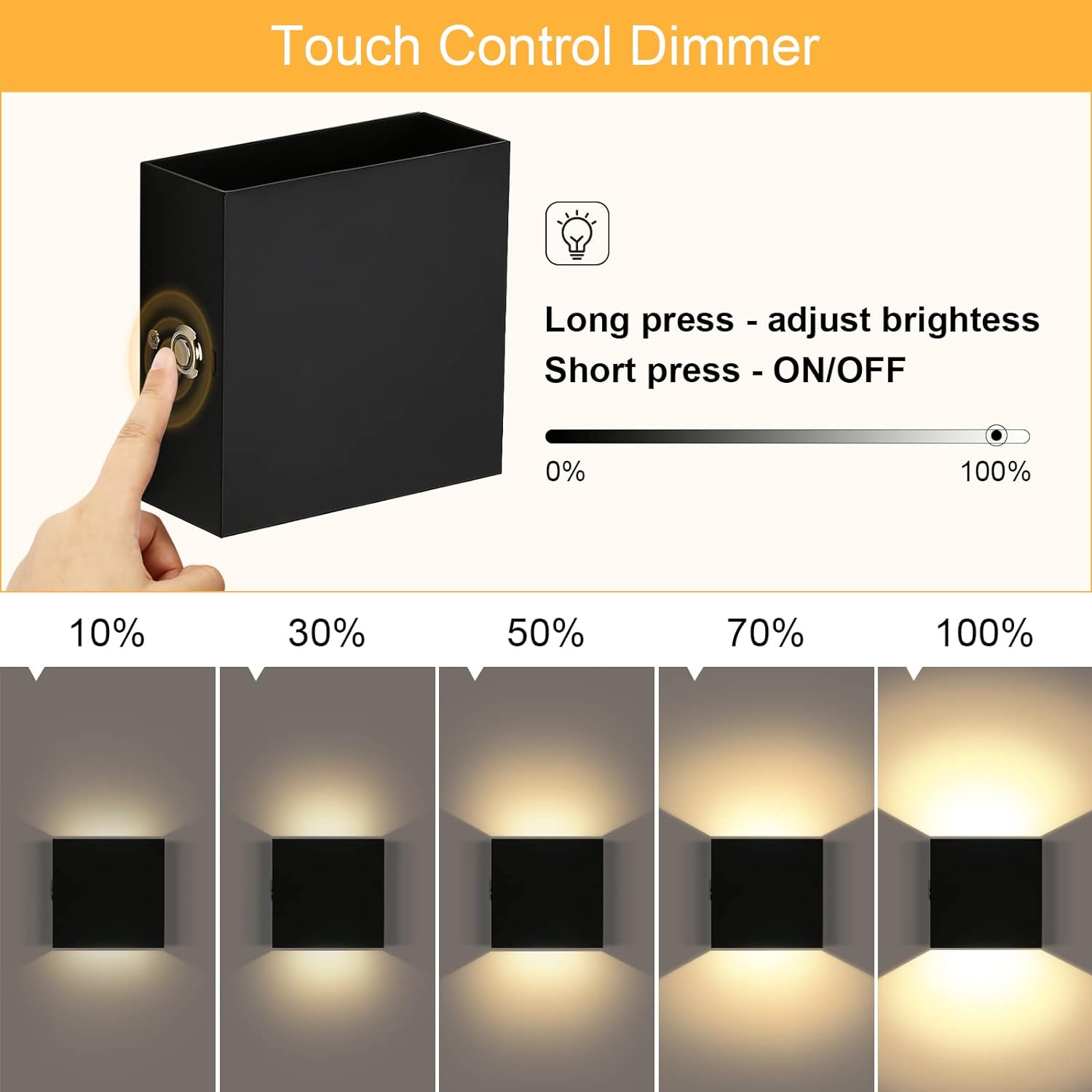 LIGHTESS LED Wall Sconce Battery Powered Set of 2, Touch Control Dimmable Wall Lamp Rechargeable Black, Up Down Wall Mount Ligh