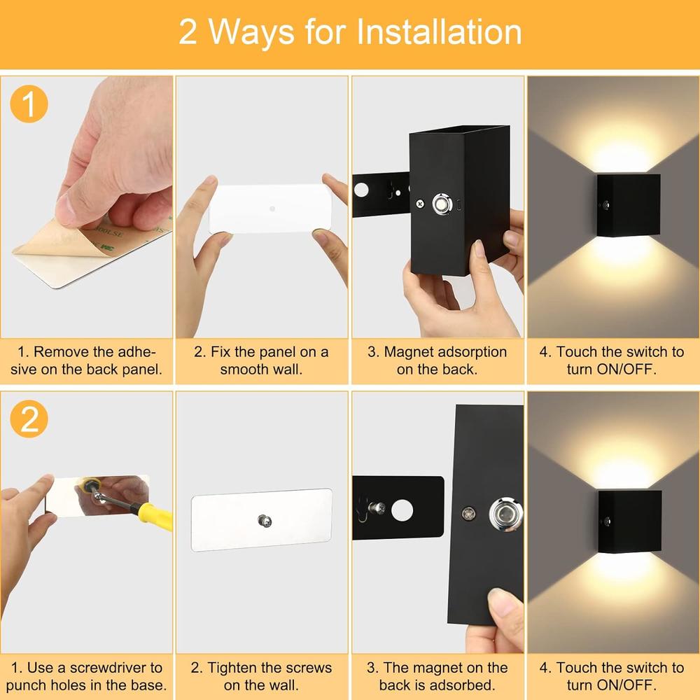 LIGHTESS LED Wall Sconce Battery Powered Set of 2, Touch Control Dimmable Wall Lamp Rechargeable Black, Up Down Wall Mount Ligh