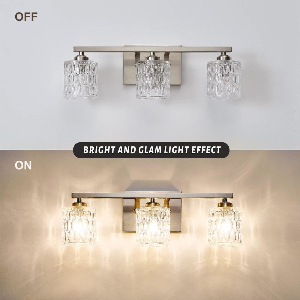 SantoStock Modern Bathroom Light Fixtures 3-Light Crystal Glass Vanity Lights Over Mirror, Brushed Nickel Bath Light Fixture (G