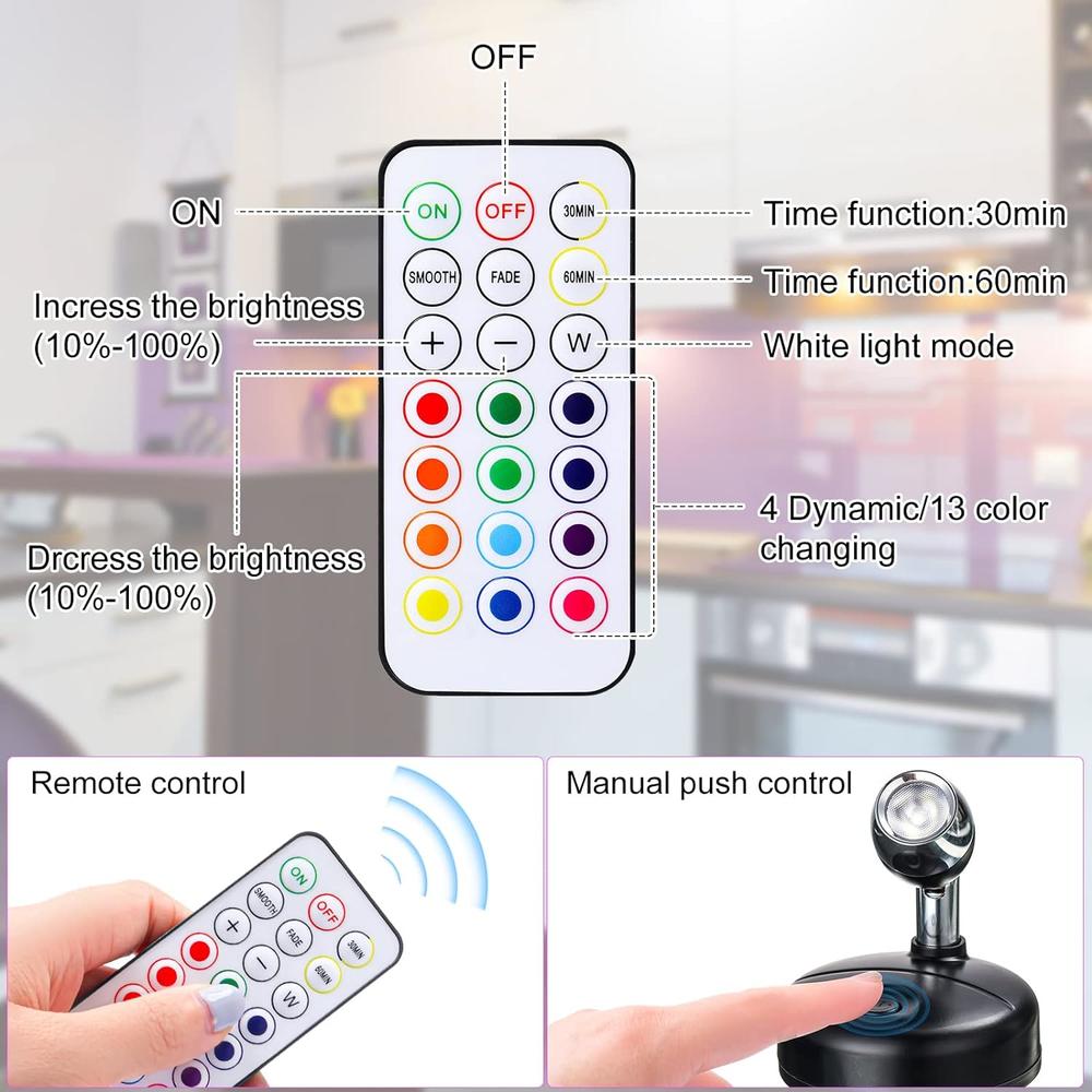 Hortsun 6 Pieces RGB Wireless LED Spotlight with Remote,13 Color Spotlight, Battery Operated Accent Lights with Rotatable Light Head St