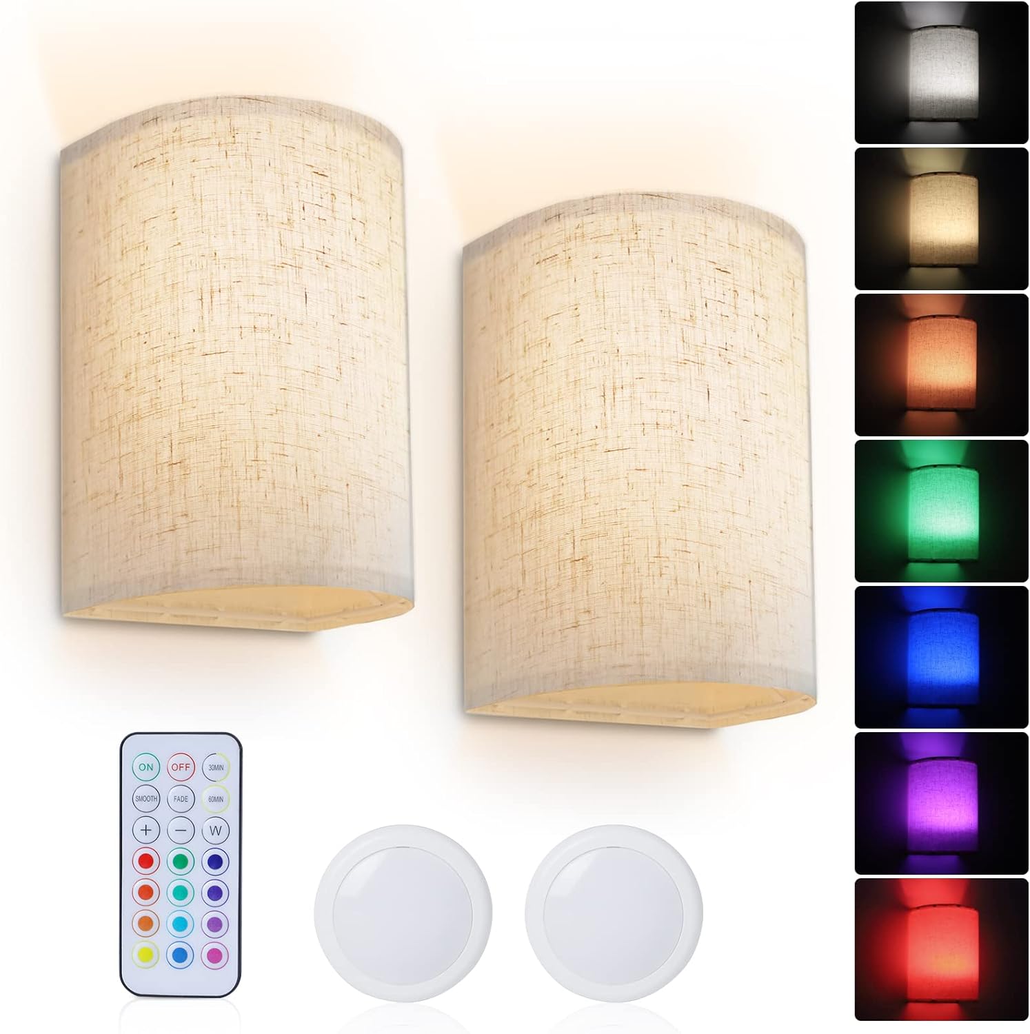 PESUTEN Wall Sconce Lighting Decor, Battery Rechargeable Wall Sconce Set of 2 with Fabric Shade Remote Control, 16 RGB Colors Changeabl