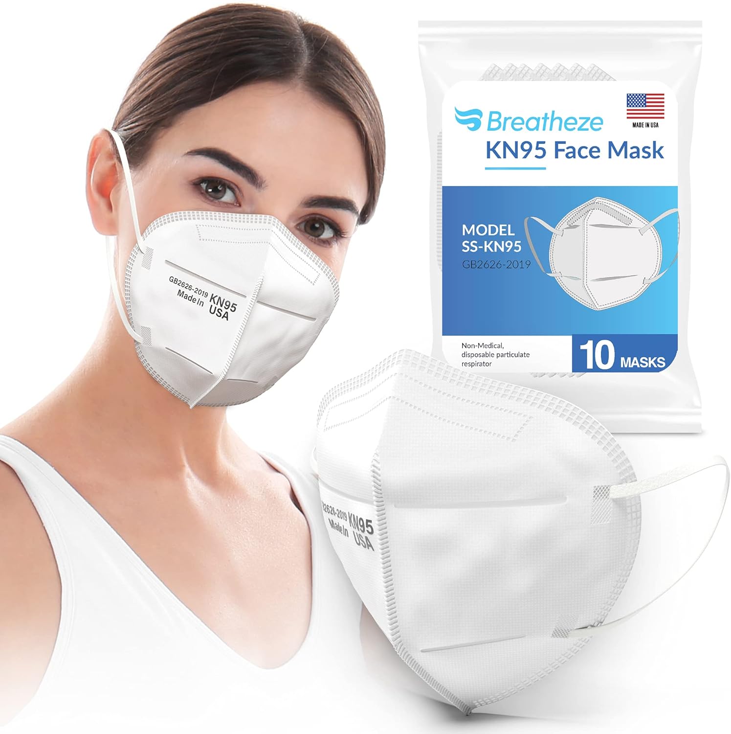 Generic Breatheze KN95 Face Mask Made in USA Disposable Masks Breathable Face Mask Kn95 Mask White Facemask High-Filtration Protective