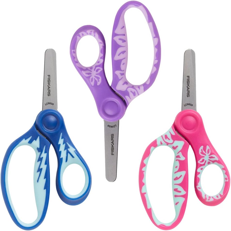 Fiskars Kids Scissors, Scissors for School, Blunt Tip Scissors, 5 Inch, Softgrip, 3 Pack (Blue, Purple, Pink)