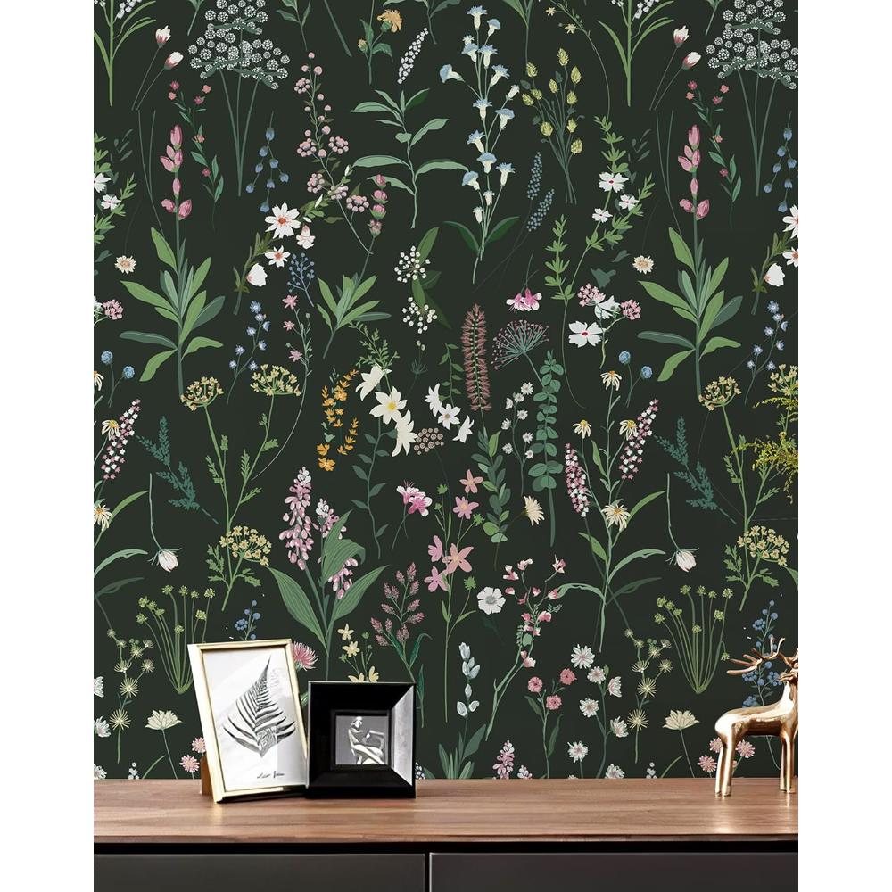 JiffDiff Floral Wallpaper Peel and Stick Dark Farm Floral Stick Wallpaper, Wildwood Wallpaper Self Adhesive Wallpaper for Home Bedroom C