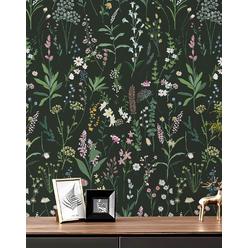 JiffDiff Floral Wallpaper Peel and Stick Dark Farm Floral Stick Wallpaper, Wildwood Wallpaper Self Adhesive Wallpaper for Home Bedroom C