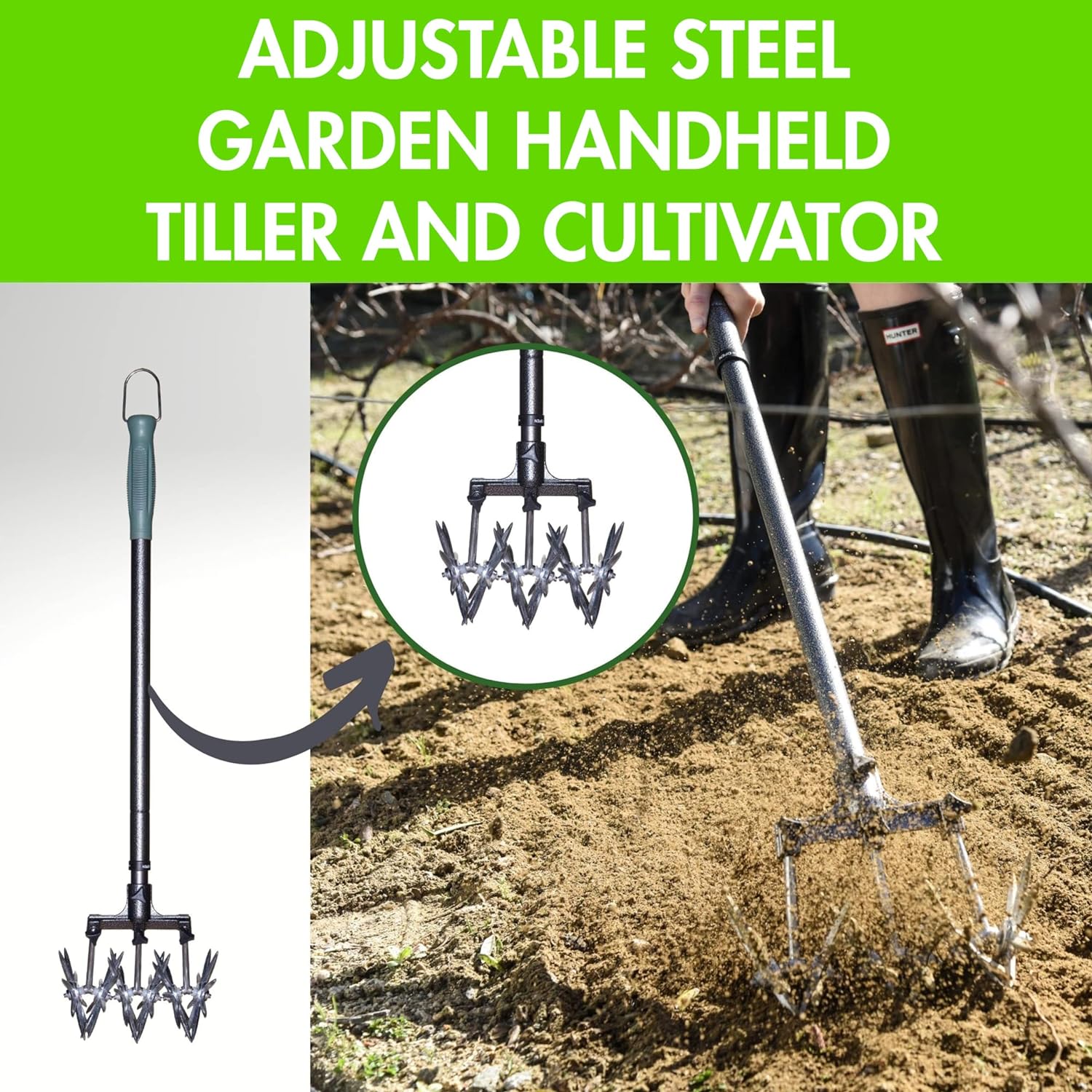 Yard Butler Adjustable Rotary Cultivator Garden Tool - Manual Tiller