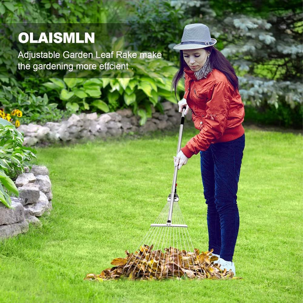 Olaismln Adjustable Garden Leaf Rake, Telescopic Metal Rake Expands to 68" Long 27" Width, Folding Grass Leaves Weed Rake Tool