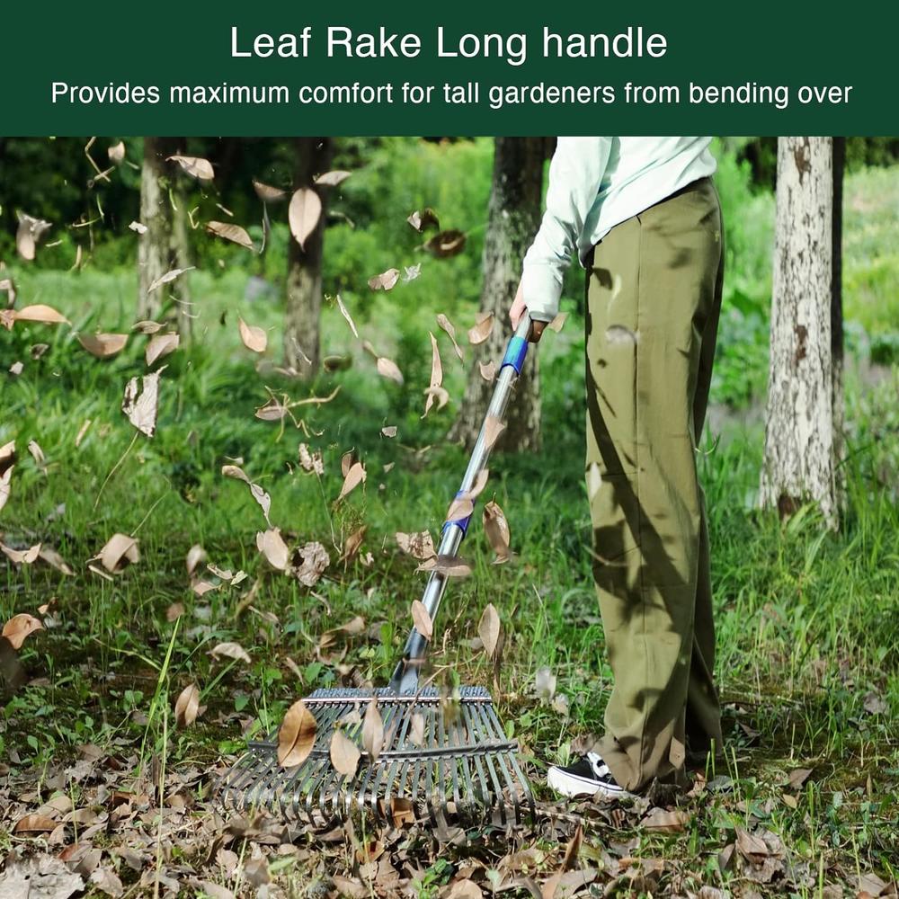 DonSail Garden Leaf Rake, Shrub Rake for Leaves Long Handle Heavy Duty, 18" Width Metal Mulch Rake for Gardening, Flower Beds, Law