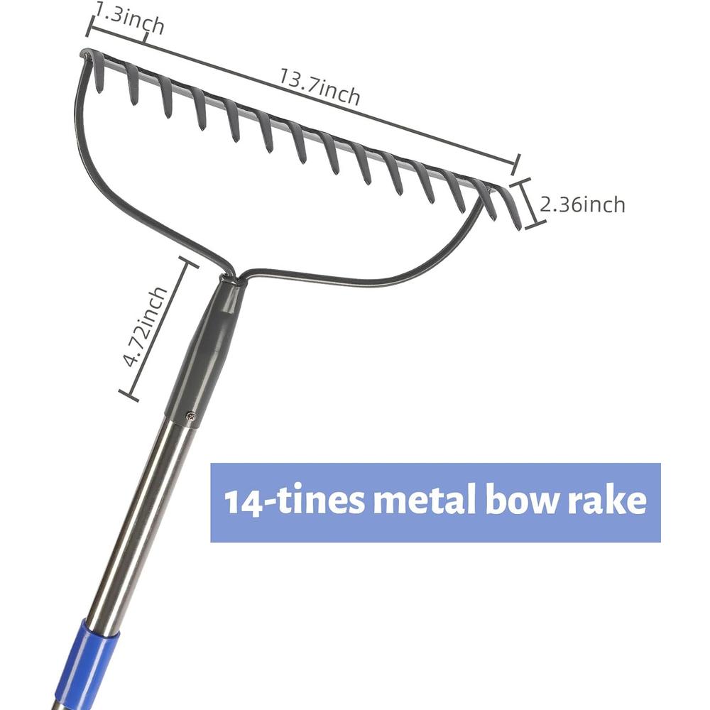 MIYA Garden Rake Heavy Duty Bow Rake with 60" Stainless Steel Handle Metal Rake for Lawn with 14 Tines