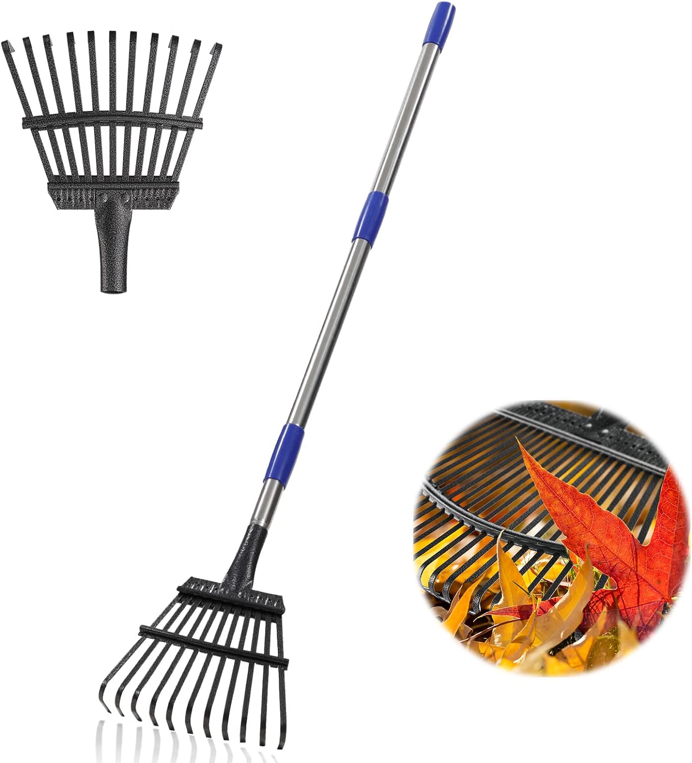 Bird Twig Leaf Rake for Gardening - 8.5" Wide Small Garden Rake for Leaves,11 Tines Metal Shrub Rake,32-74" Adjustable Handle -