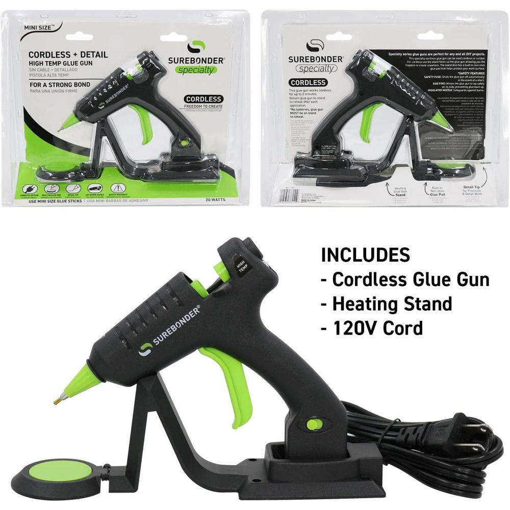 Surebonder Cordless/Corded High Temperature Mini Hot Glue Gun With Detail Tip, 20 Watt, Recharge With Portable Heat Stand (CL-195F)