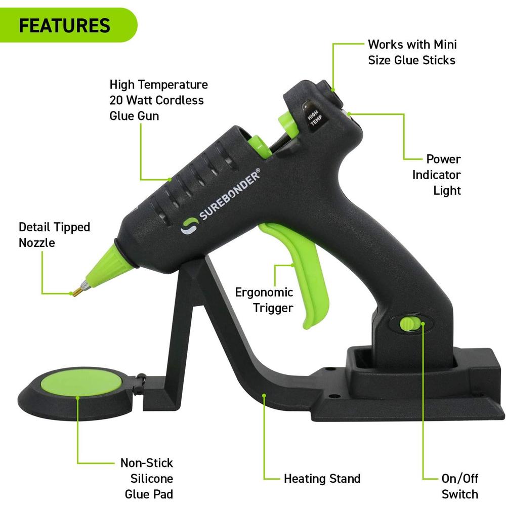 Surebonder Cordless/Corded High Temperature Mini Hot Glue Gun With Detail Tip, 20 Watt, Recharge With Portable Heat Stand (CL-195F)