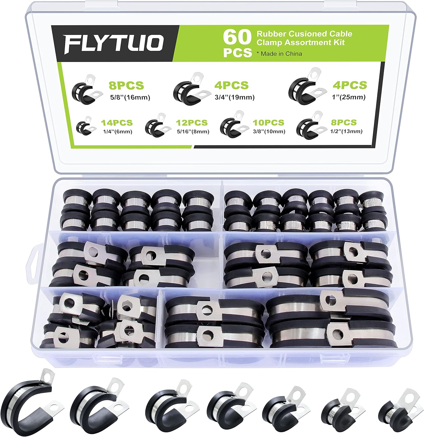 Wenzhou Zhijun Trading Co.,Ltd 60PCS Cable Clamps Assortment Kit, Flytuo 304 Stainless Steel Rubber Cushion Pipe Clamps in 7 Sizes 1/4" 5/16" 3/8