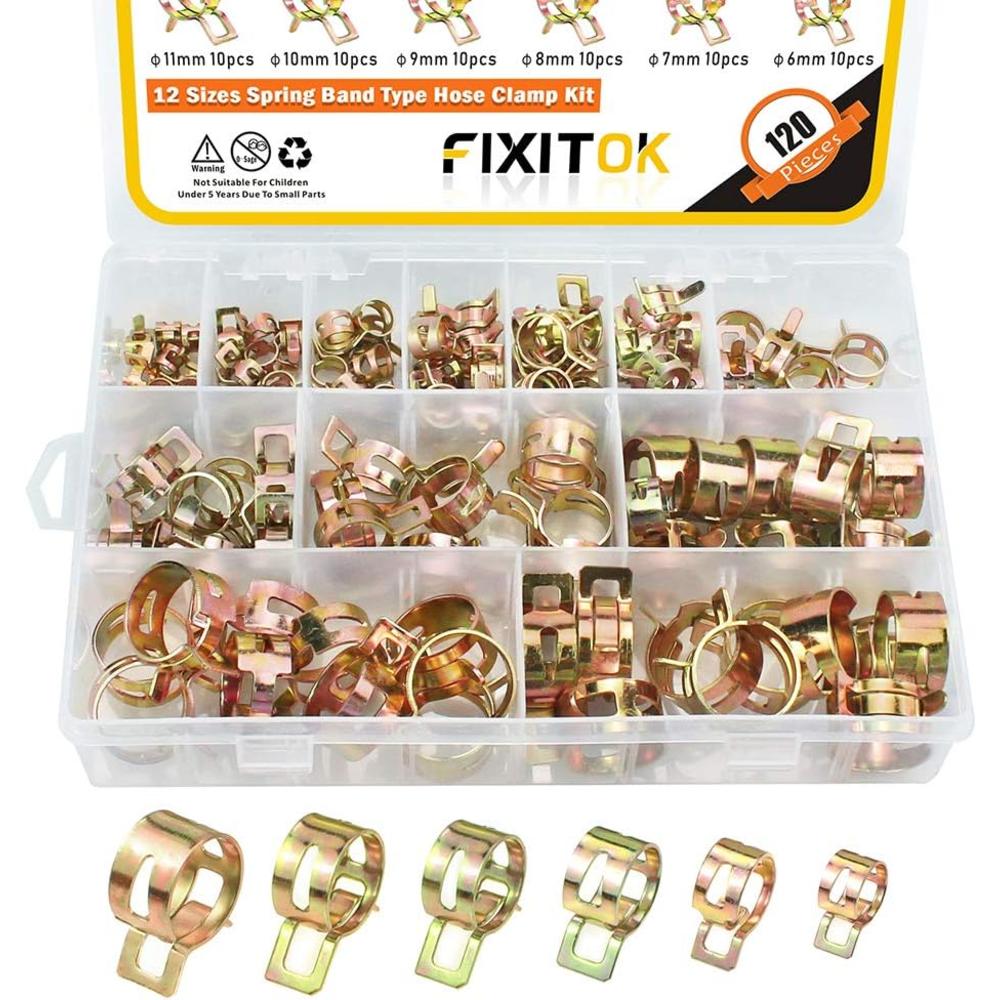FIXITOK 120pcs Spring Band Hose Clamp Kit, Air Hose Tube Water Pipe Fuel Line Silicone Vacuum Hose Clamp Fasteners Assortment (10 x 6mm
