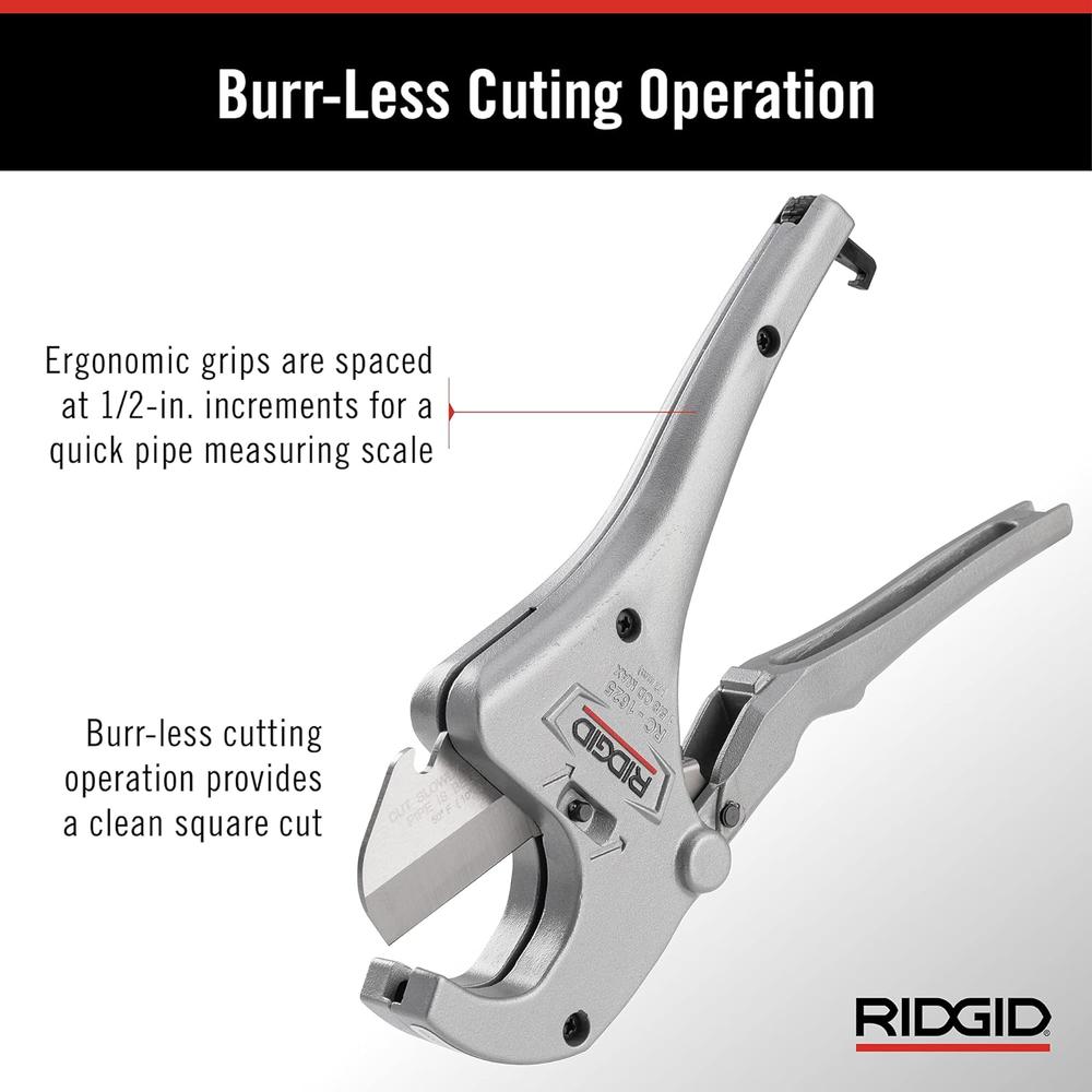 Ridgid 23498 Model RC-1625 Aluminum Ratchet Action 1/8" to 1-5/8" Plastic Pipe And Tubing Cutter, Silver