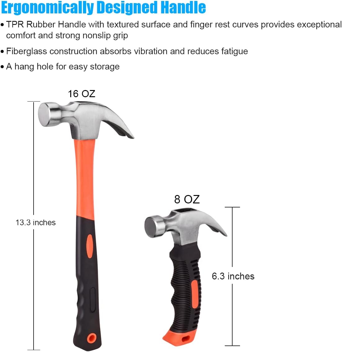 ZUZUAN 2 Piece Hammer Set,includes 1 Pack 8 OZ Mini Stubby Claw Hammer and 1 Pack 16 OZ Fiberglass General Purpose Claw Hammer,Soft No