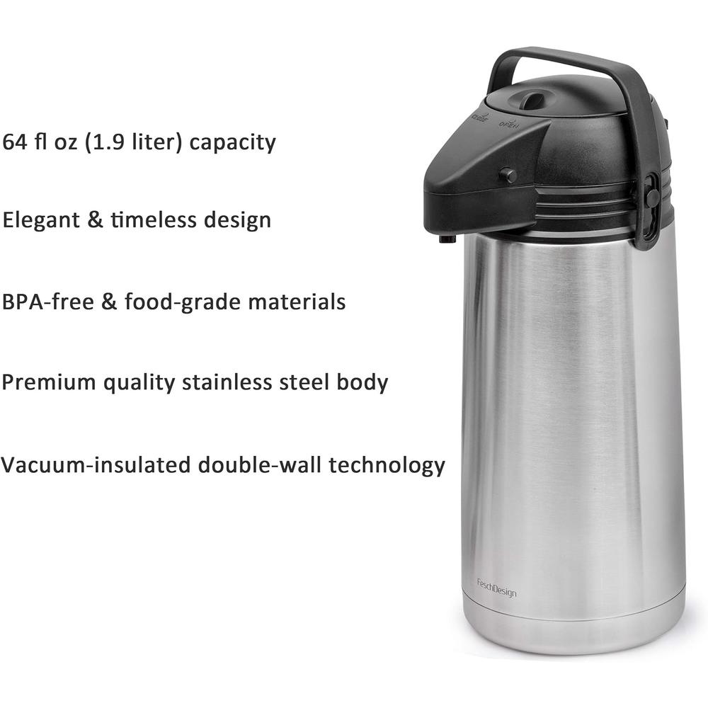 FeschDesign 64 Oz (1.9 Liter) Airpot Coffee Dispenser with Easy Push Button | BPA-Free Stainless Steel Carafe | Double-Wall Vacuum Insulate