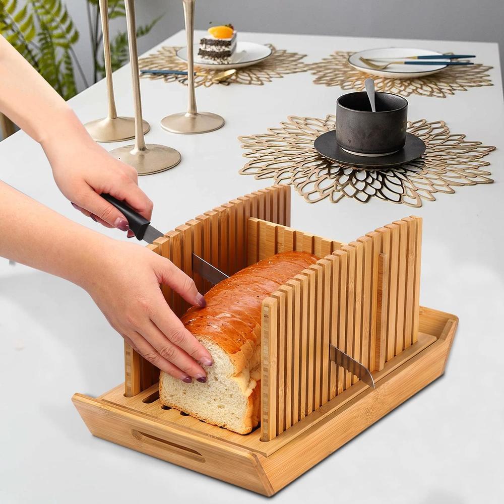 Generic Premium Bamboo Bread Slicer for Homemade Bread, Crumb Catcher, Foldable and Compact Loaf Cutter 3 Size Slicing Guide