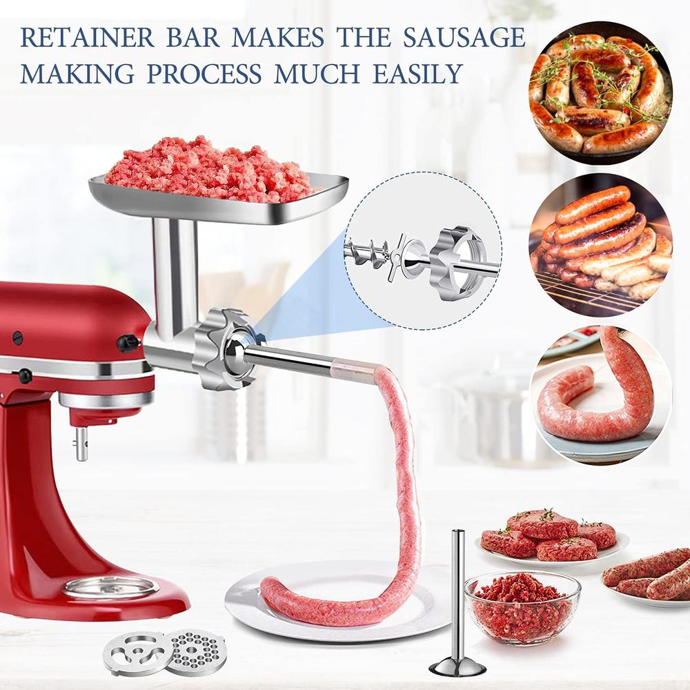 BQYPOWER Metal Food Grinder Attachment for KitchenAid Stand Mixers,  Meat Grinder Attachment Included 2 Sausage Stuffer Tubes, 3 Grindin