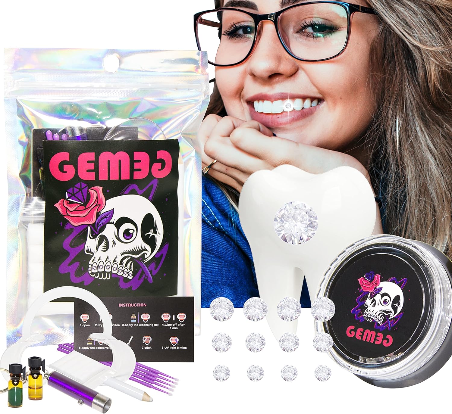 Gemeg GEMEG Professional Tooth Gem Kit with Curing Light and Glue, Dental  Grade DIY Teeth Gems Kit with Glue and Light, 12 Pieces Swa