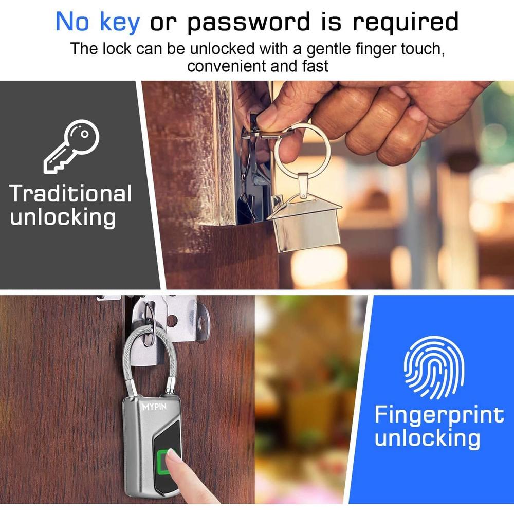 Mypin Fingerprint Lock with Key Backup, Smart keyless Waterproof Fingerprint Padlock Ideal for Gym, Door, Luggage, Suitcase, Backpack