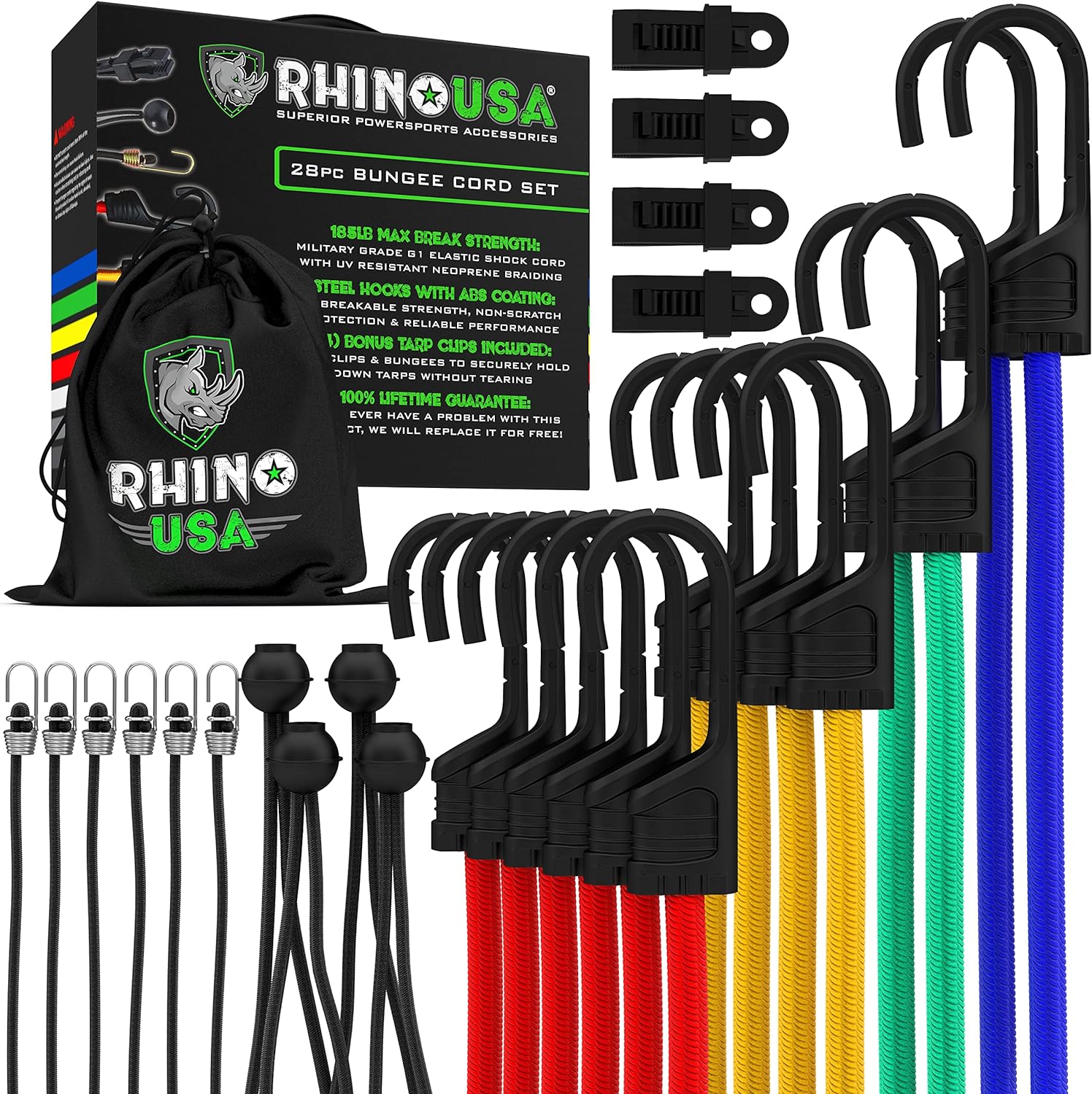 Generic Rhino USA Bungee Cords Outdoor with Hooks - Heavy Duty 28pc Assortment with 4 Free Tarp Clips, Drawstring Organizer Bag, Canopy