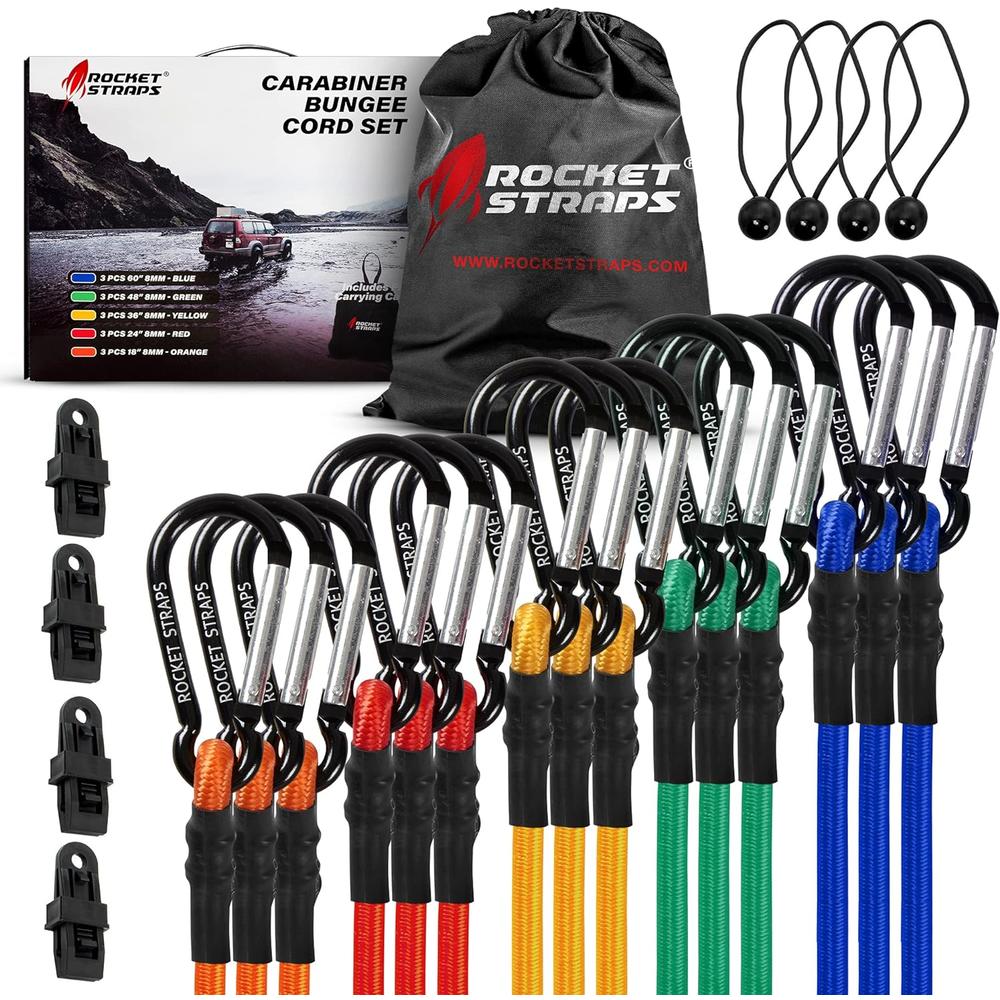 ROCKET STRAPS Bungee Cords | Premium Heavy Duty Outdoor (24PC) Carabiner Bungee Cords with Hooks | Bungee Cord Assortment Inclu