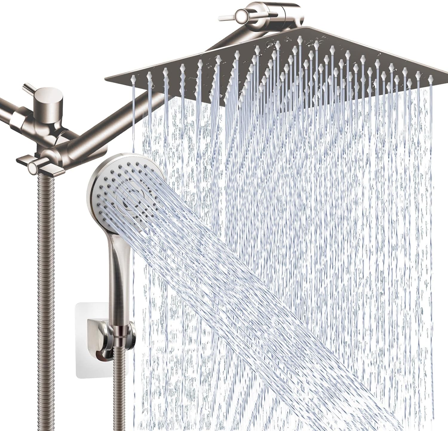 PinWin Shower Head Combo(Brushed Nickel),10'' High Pressure Rain Shower Head with 11'' Adjustable Extension Arm and 5 Settings Handhel